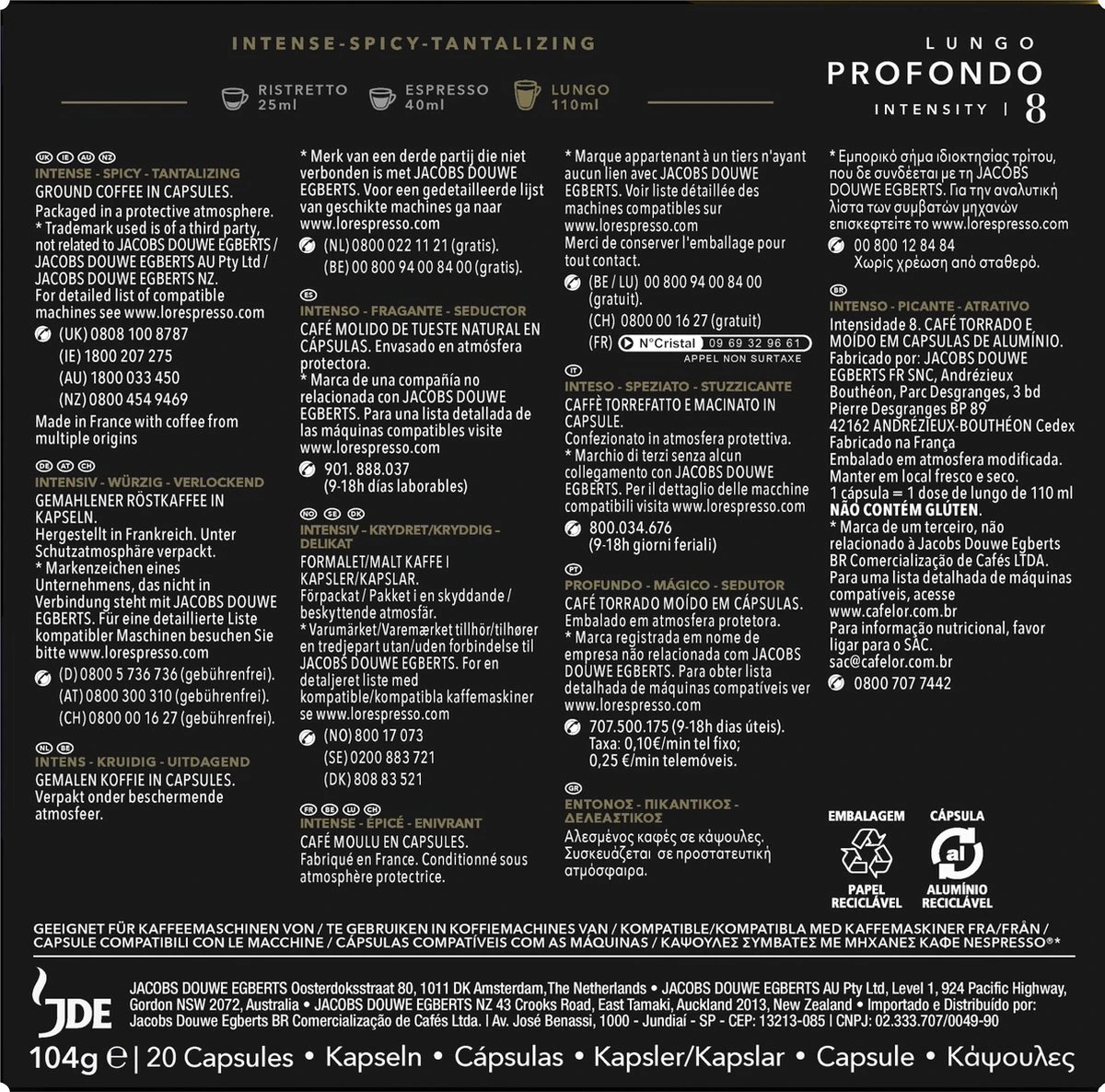 L'OR Lungo Profondo Koffiecups - Intensiteit 8/12 - 10 X 20 Capsules - Afbeelding 3