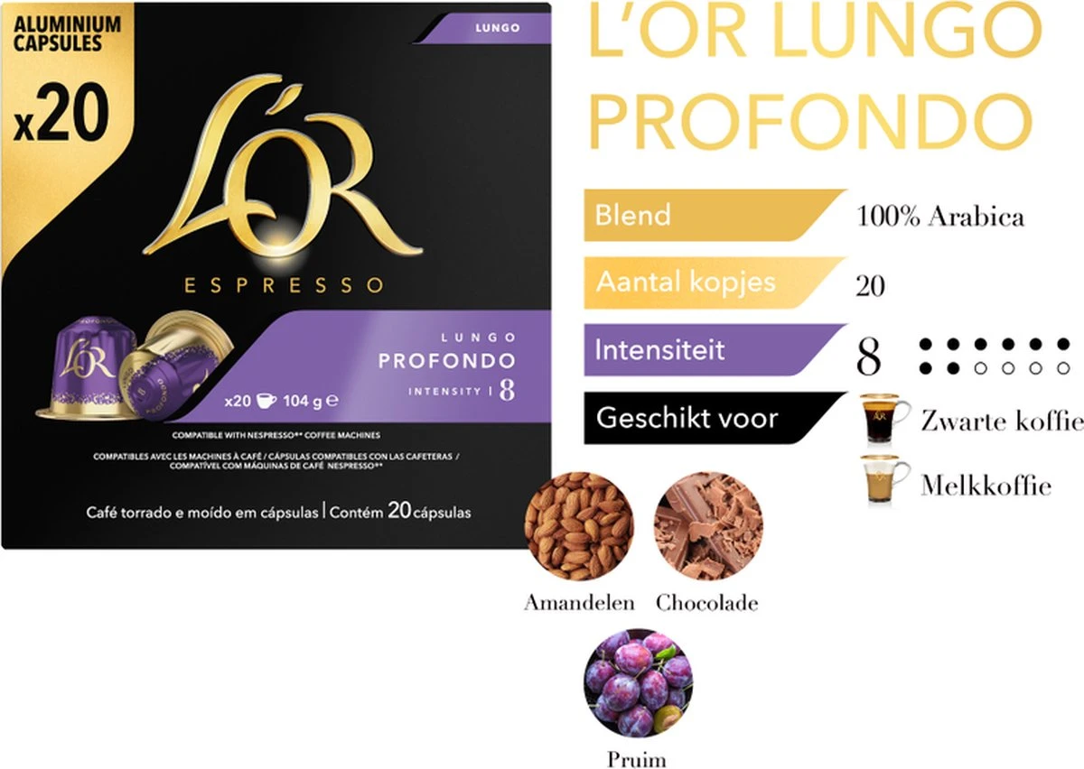 L'OR Lungo Profondo Koffiecups - Intensiteit 8/12 - 10 X 20 Capsules - Afbeelding 6